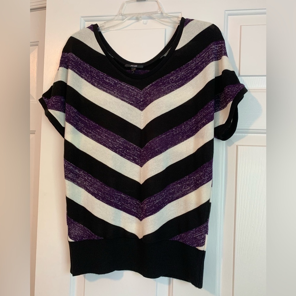 AGB Striped Short Dolman Sleeve Scoop Neck Sweater Metallic Silver Purple Medium